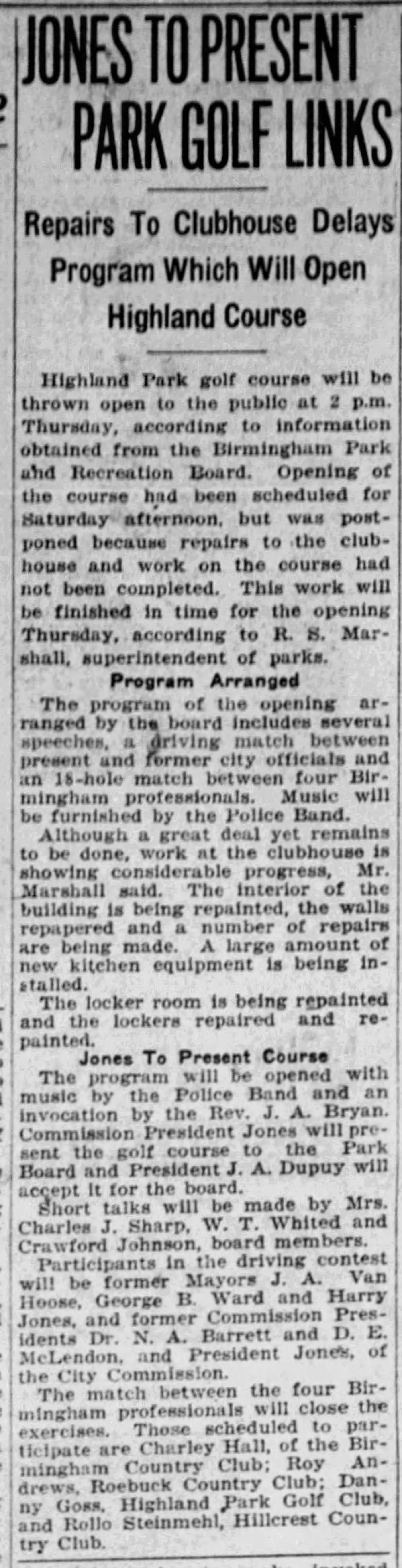 Jones To Present Park Golf Links